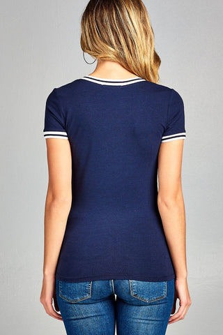 Ladies fashion short contrast ribbed sleeve and collar cotton rayon spandex top