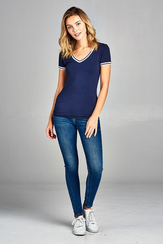 Ladies fashion short contrast ribbed sleeve and collar cotton rayon spandex top