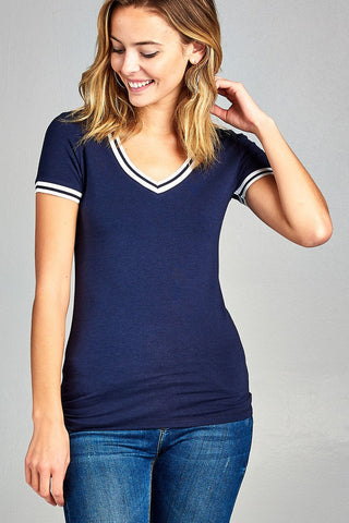 Ladies fashion short contrast ribbed sleeve and collar cotton rayon spandex top