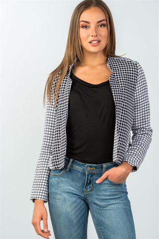 Ladies fashion two pockets  black & cream checkered monochrome blazer