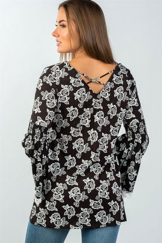 Ladies fashion floral print lace trim bell sleeves top