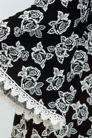 Ladies fashion floral print lace trim bell sleeves top