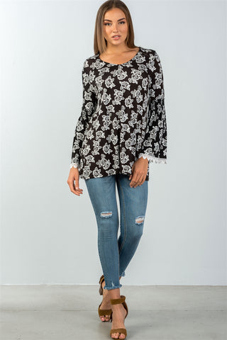 Ladies fashion floral print lace trim bell sleeves top