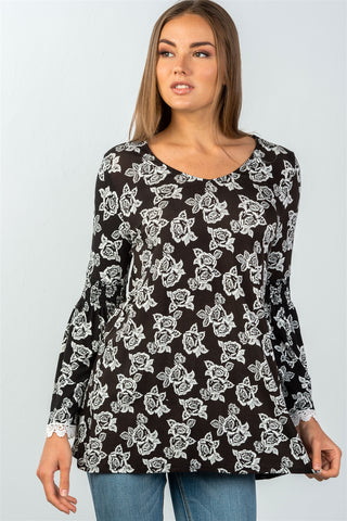 Ladies fashion floral print lace trim bell sleeves top
