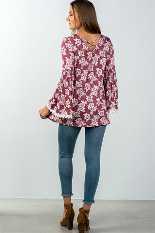 Ladies fashion floral print lace trim bell sleeves top