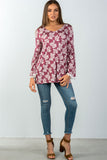 Ladies fashion floral print lace trim bell sleeves top