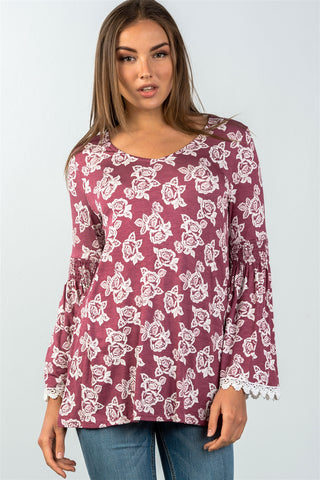 Ladies fashion floral print lace trim bell sleeves top