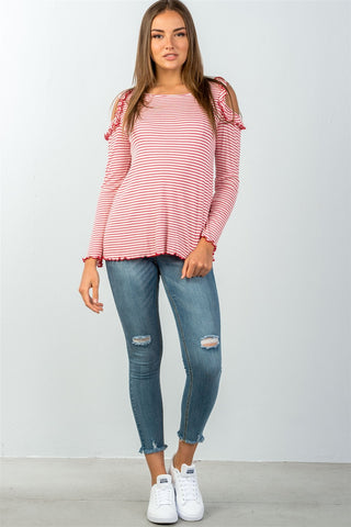 Ladies fashion long sleeve stripe ruffled cold-shoulder top