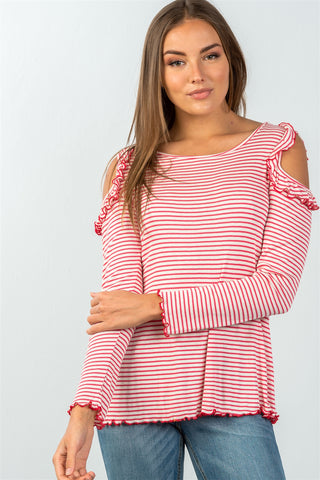 Ladies fashion long sleeve stripe ruffled cold-shoulder top