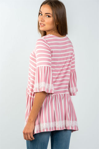 Ladies fashion scoop neckline lace trim striped babydoll top
