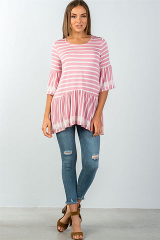 Ladies fashion scoop neckline lace trim striped babydoll top