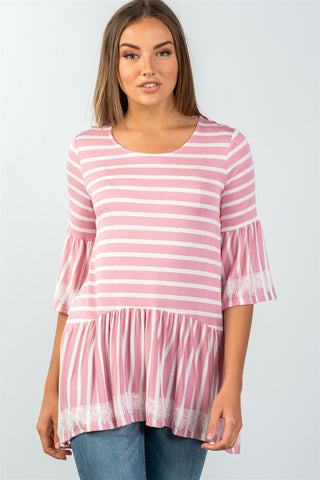 Ladies fashion scoop neckline lace trim striped babydoll top