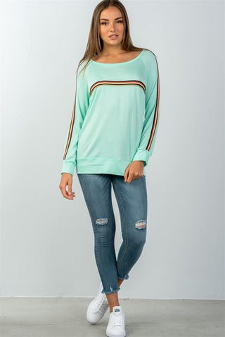 Ladies fashion round neckline colored stripes long sleeves knit top