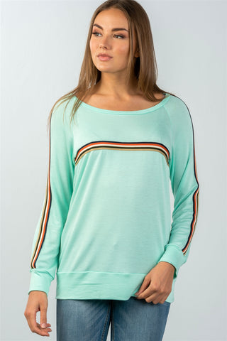 Ladies fashion round neckline colored stripes long sleeves knit top