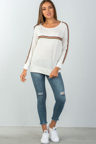 Ladies fashion round neckline colored stripes long sleeves knit top