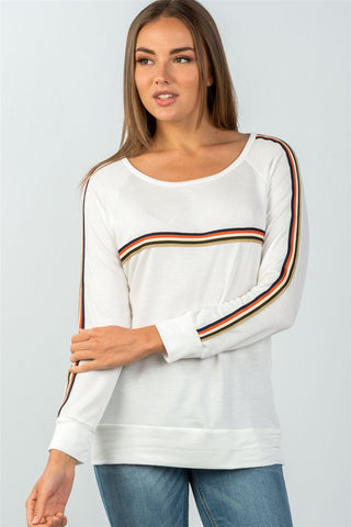 Ladies fashion round neckline colored stripes long sleeves knit top