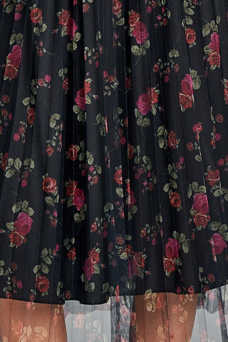 Ladies fashion elastic waist band w/accordian pleated floral print mesh midi skirt