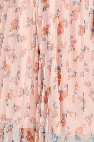 Ladies fashion elastic waist band w/accordian pleated floral print mesh midi skirt