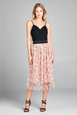 Ladies fashion elastic waist band w/accordian pleated floral print mesh midi skirt