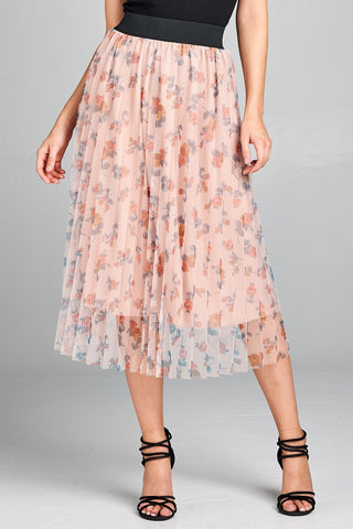 Ladies fashion elastic waist band w/accordian pleated floral print mesh midi skirt