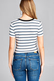 Ladies fashion short sleeve round contrast neck with knotted front crop multi stripe rayon spandex top