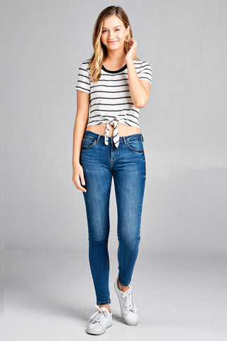 Ladies fashion short sleeve round contrast neck with knotted front crop multi stripe rayon spandex top