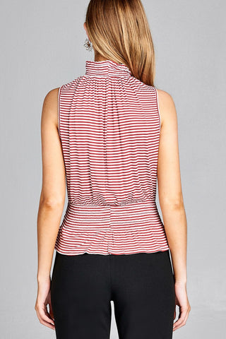 Ladies fashion leeveless neck and waist smocked detail stripe rayon spandex top