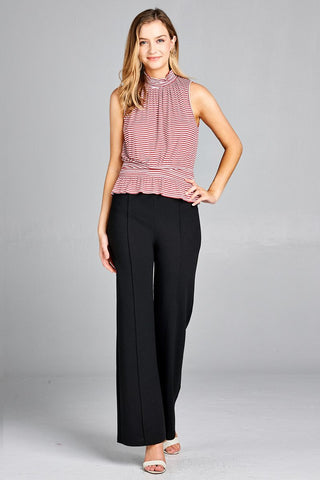 Ladies fashion leeveless neck and waist smocked detail stripe rayon spandex top