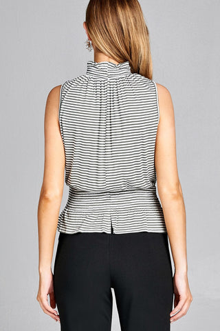 Ladies fashion leeveless neck and waist smocked detail stripe rayon spandex top