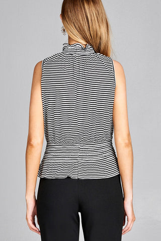 Ladies fashion leeveless neck and waist smocked detail stripe rayon spandex top
