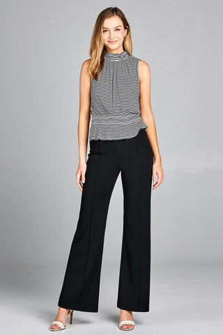 Ladies fashion leeveless neck and waist smocked detail stripe rayon spandex top
