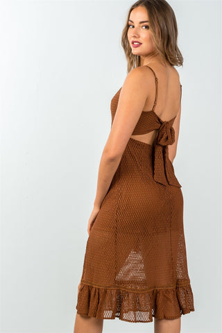 Ladies fashion ruffle hem sheer mesh crochet leg-slit midi dress - merchandiserus2