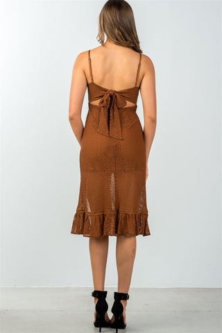 Ladies fashion ruffle hem sheer mesh crochet leg-slit midi dress - merchandiserus2