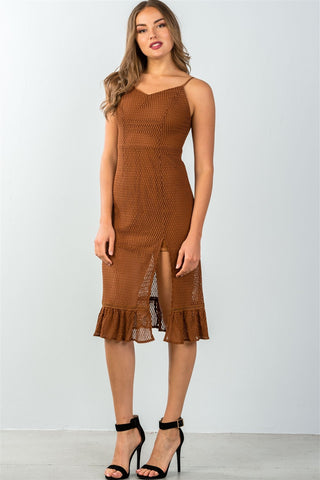 Ladies fashion ruffle hem sheer mesh crochet leg-slit midi dress - merchandiserus2