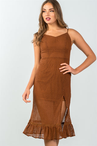 Ladies fashion ruffle hem sheer mesh crochet leg-slit midi dress - merchandiserus2