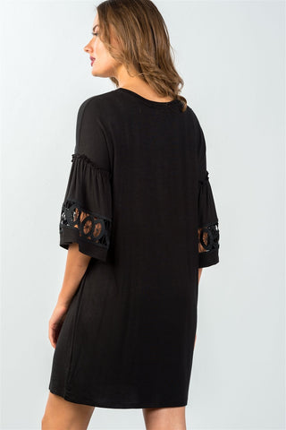 Ladies fashion 3/4 sleeve black crochet-trim gathered-sleeve mini dress - merchandiserus2