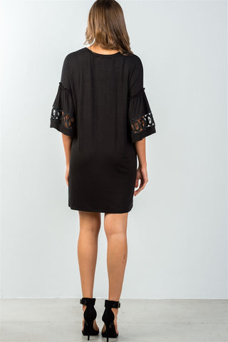 Ladies fashion 3/4 sleeve black crochet-trim gathered-sleeve mini dress - merchandiserus2