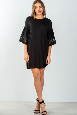 Ladies fashion 3/4 sleeve black crochet-trim gathered-sleeve mini dress - merchandiserus2