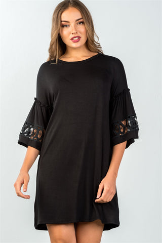 Ladies fashion 3/4 sleeve black crochet-trim gathered-sleeve mini dress - merchandiserus2