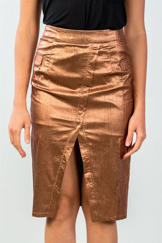 Ladies fashion mid length faux pockets  metallic front split midi skirt