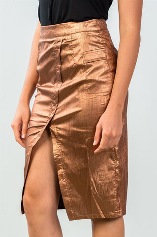 Ladies fashion mid length faux pockets  metallic front split midi skirt