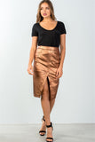 Ladies fashion mid length faux pockets  metallic front split midi skirt