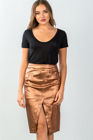 Ladies fashion mid length faux pockets  metallic front split midi skirt