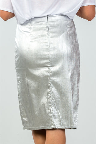 Ladies fashion mid length faux pockets  metallic front split midi skirt