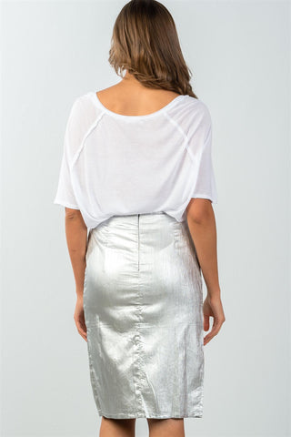 Ladies fashion mid length faux pockets  metallic front split midi skirt