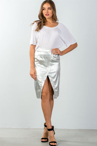 Ladies fashion mid length faux pockets  metallic front split midi skirt