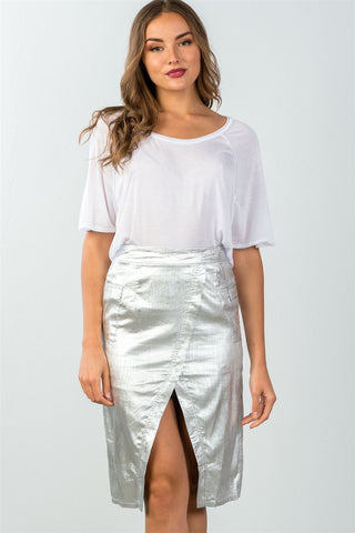 Ladies fashion mid length faux pockets  metallic front split midi skirt