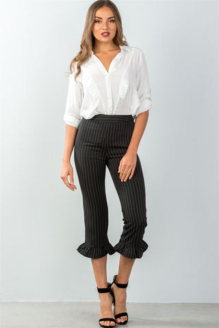 Ladies fashion all over pin stripes ruffle hem high waist culottes pants