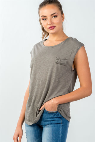 Ladies fashion round neckline "love someone" graphic side flowy tee