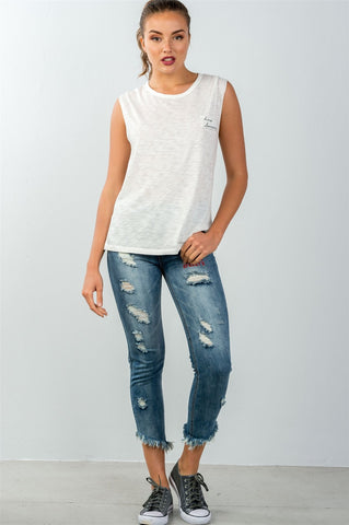 Ladies fashion round neckline "love someone" graphic side flowy tee